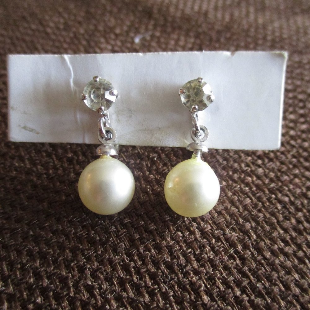 Marvella Cubic Zirconia Screw Back Faux Pearl Earrings~Vintage